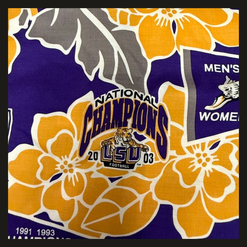 LSU Tigers REYN SPOONER Floral Hawaiian Shirt NATIONAL CHAMPIONS Mens Size L Y2K - Picture 9 of 13